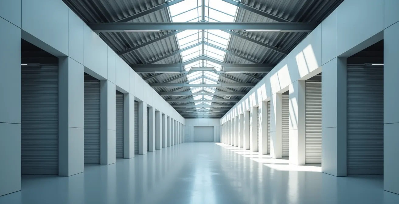 Vue d'ensemble d'un entrepôt de stockage moderne avec architecture épurée