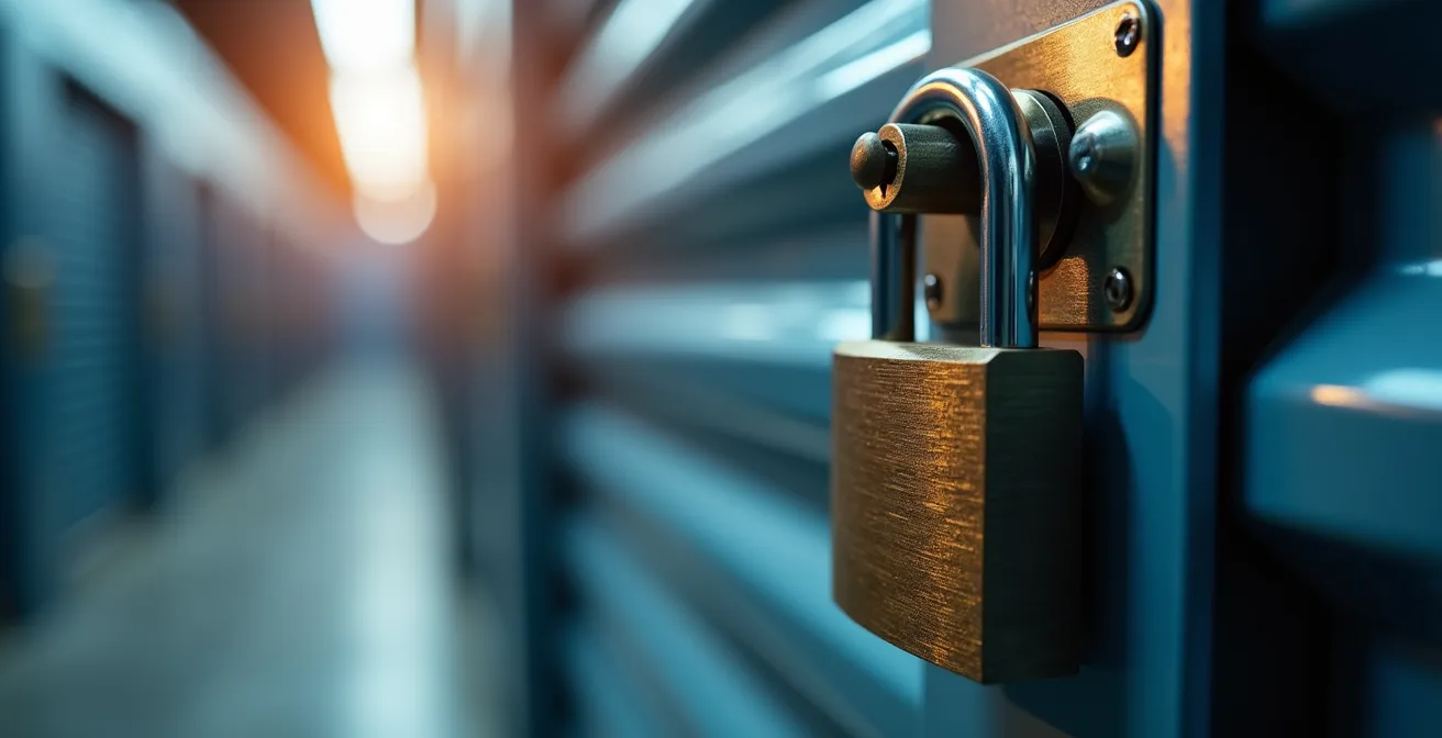 Vue macro d'un cadenas sécurisé sur une porte de box de stockage