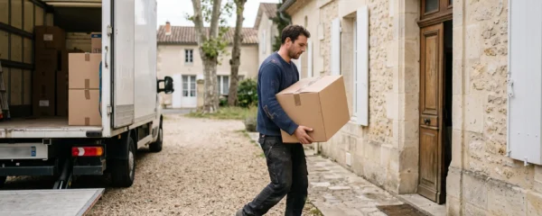Personne transportant un carton de déménagement devant une maison en pierre typique de la Gironde