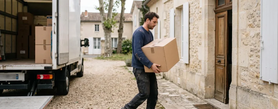Personne transportant un carton de déménagement devant une maison en pierre typique de la Gironde