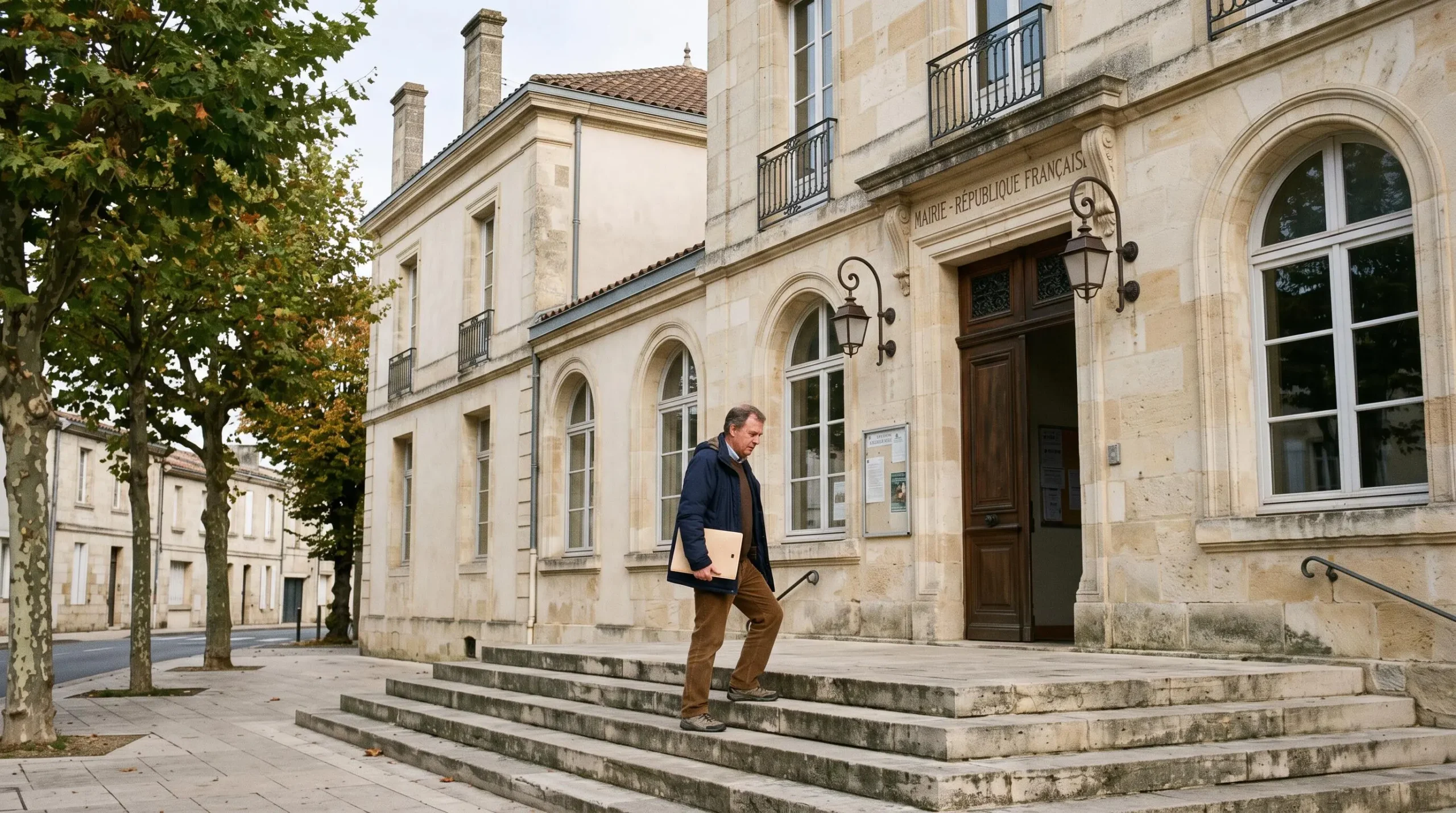 Personne se rendant à l'entrée d'un bâtiment administratif en pierre claire typique de la Gironde