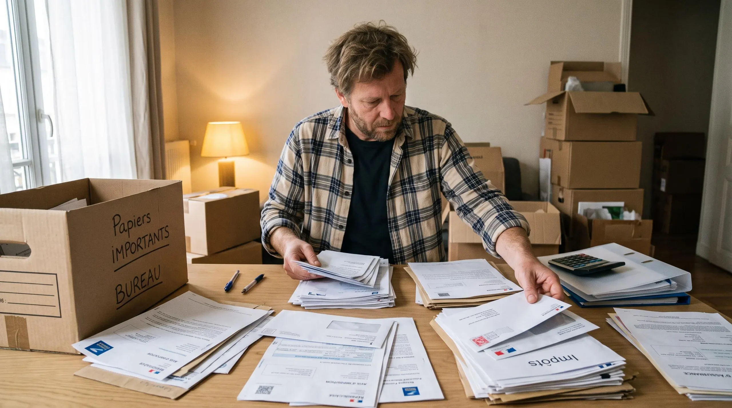 Personne triant et organisant des documents administratifs et courriers sur une table à domicile