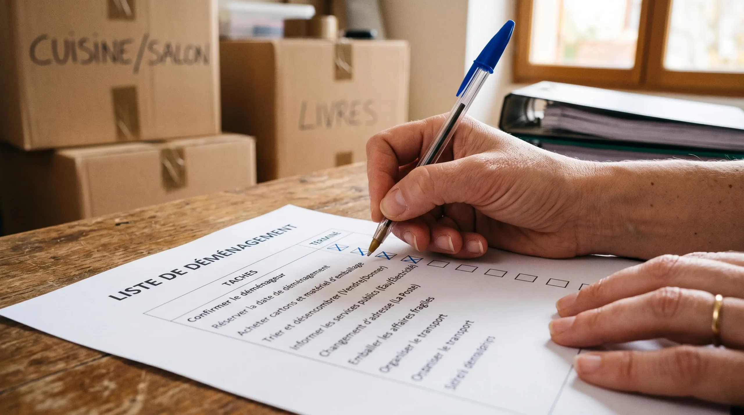 Main cochant des items sur une checklist de déménagement imprimée avec un stylo